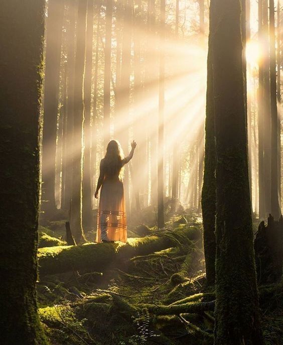 Woman in forest trees with Sun rays
